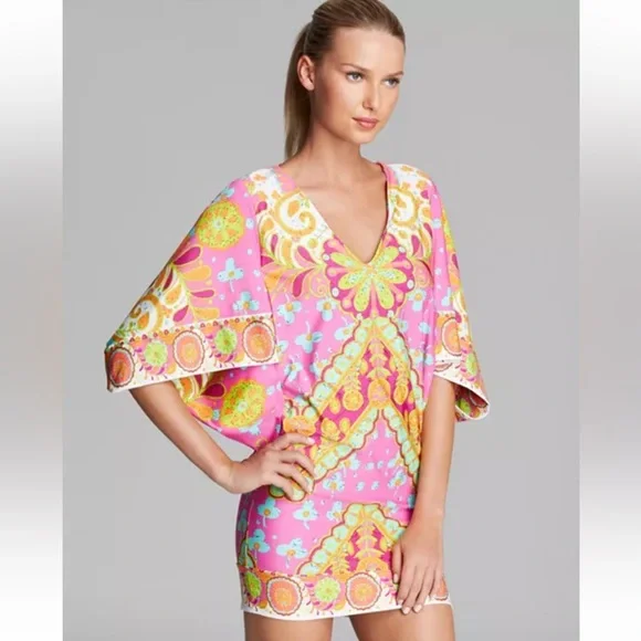 Y2K Trina Turk V-Neck Woodblock Floral Swim Cover-Up Dress - Picture 3 of 13